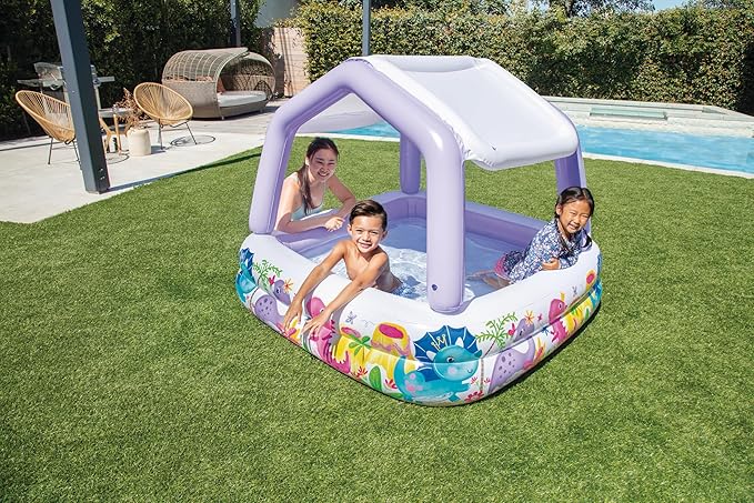Intex 57470EP Sun Shade 5 Foot Square Inflatable Durable 10 Gauge Vinyl Kiddie Pool with Ocean Scene and Canopy for Ages 3 Years and Up, Multicolor