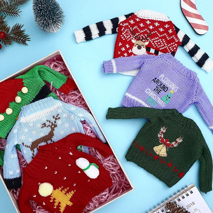 Chalyna 6 Pcs Christmas Doll Clothes Christmas Accessories Outfit Small Sweater Knitted Clothing Xmas Accessory Santa Clothing Accessories Clothes, Doll is Not Included(Adorable)
