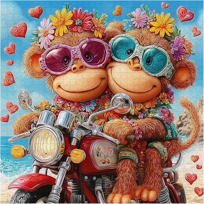 PICKFORU Cute Monkey Jigsaw Puzzles 1000 Pieces, Summer Seaside Motorcycle Puzzles for Adults, Funny Beach Bikers Puzzle