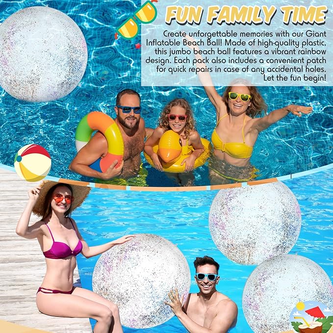 Tanlade 4 Pcs 42 Inch Jumbo Glitter Inflatable Beach Ball Large Giant Shiny Beach Pool Ball for Outdoor Activity Summer Birthday Water Game Toys Sports Themed Party Favors Decoration(Sequins)