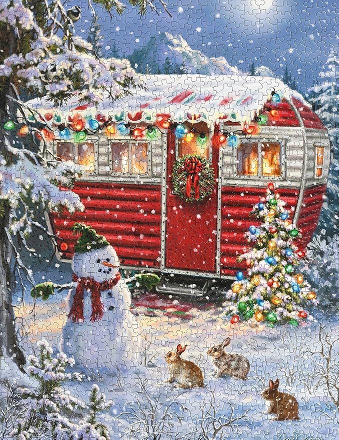 Springbok's Snowy Retreat 1000 Piece Jigsaw Puzzle is a Fun Holiday Image Featuring a Camper Glowing in Holiday Decor