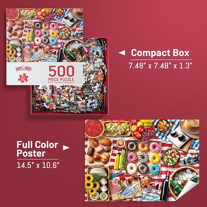 BenBen 500 Piece Puzzles for Adults, Spring Picnic Jigsaw Puzzles with Patterns on Back, Challenging Puzzles for Family Game Night Home Décor
