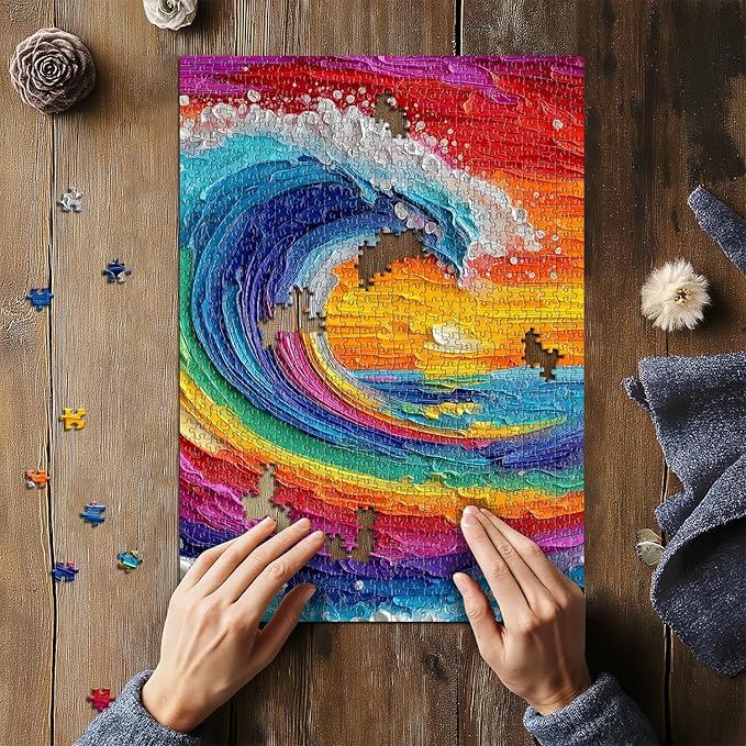 Impossible Puzzles for Adults 1000 Pieces, Colorful Ocean Wave Art Puzzle, Hard Difficult Jigsaw Puzzles Beach Painting, Gradient Rainbow Challenging Puzzles for Adults