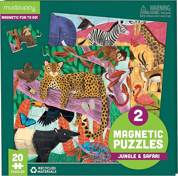 Mudpuppy Jungle & Safari - Tri Fold Magnetic Puzzles Featuring Two 20 Piece Jungle and Safari Themed Artwork