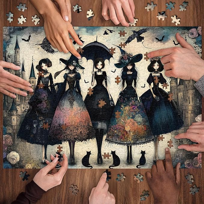 Raven Night Jigsaw Puzzle 1000 Pieces, Hard Puzzles for Adults Gothic Woman, Vintage Art Hard Impossible Puzzle as Scary Halloween Decor