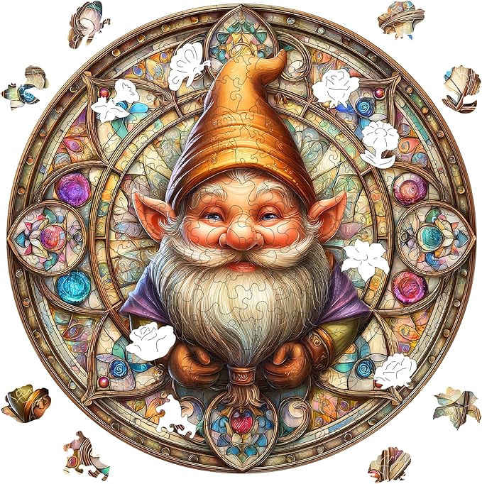 Pikoqunc Gnome Wooden Puzzle for Adults, Families & Friends – 500 Piece Round Wood Jigsaw with Unique Shapes, Perfect for Relaxation, Joy & Cozy Home Décor (16.5")