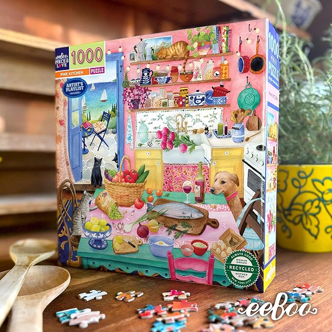 eeBoo 1000 Piece Puzzle - Pink Kitchen Jigsaw Puzzle for Adults, Square 23" x 23" Made with Recycled Board & Vegetable-Based Ink