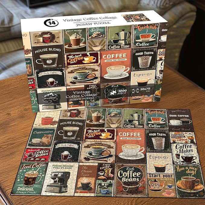 Vintage Coffee Collage Puzzles for Adults 1000 Pieces, PICKFORU Breakfast Food Jigsaw Puzzle Coffee Latte, Hard Difficult Retro Poster Theme for Home Wall Decor