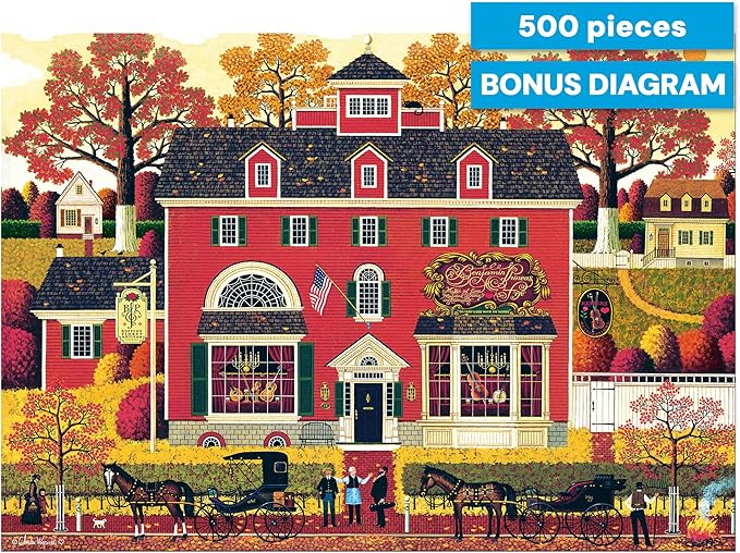 Buffalo Games - Benjamin’s Music Store - Charles Wysocki - 500 Piece Jigsaw Puzzle for Adults - Americana Folk Art Fall Scene with Autumn Colors - Adult Puzzles