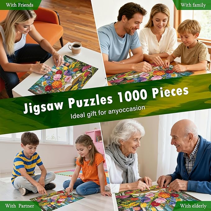 Colorful Flowers Book Puzzles 1000 Piece Jigsaw Puzzle for Adults, Vibrant Forest Jigsaw Puzzles with Letters on Back, Impossible Challenging Hard Butterflies Puzzles Home Decor, 27.5 x 19.7 Inch