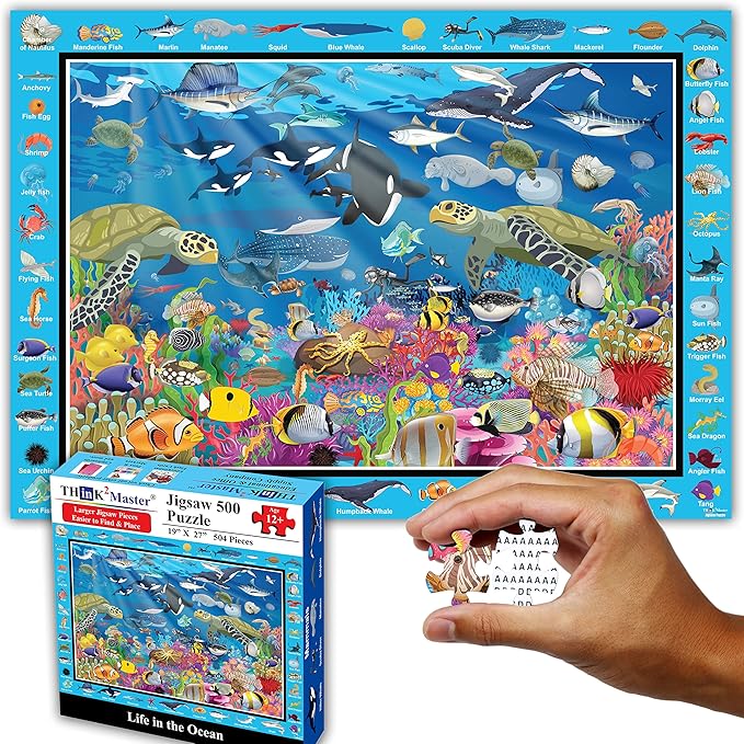 Think2Master Colorful Ocean Life 500 Pieces with Large Pieces Jigsaw Puzzle for 13+, Seniors, Adults & Families. Great Gift for stimulating Learning About Coral Reefs. Size: 26.8” X 18.9”