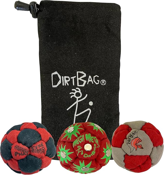 DIRTBAG Lover Footbag 3-Pack with Pouch, Includes Three Original and Unique Premium Quality Hand Sewn Footbags and Carry Pouch.