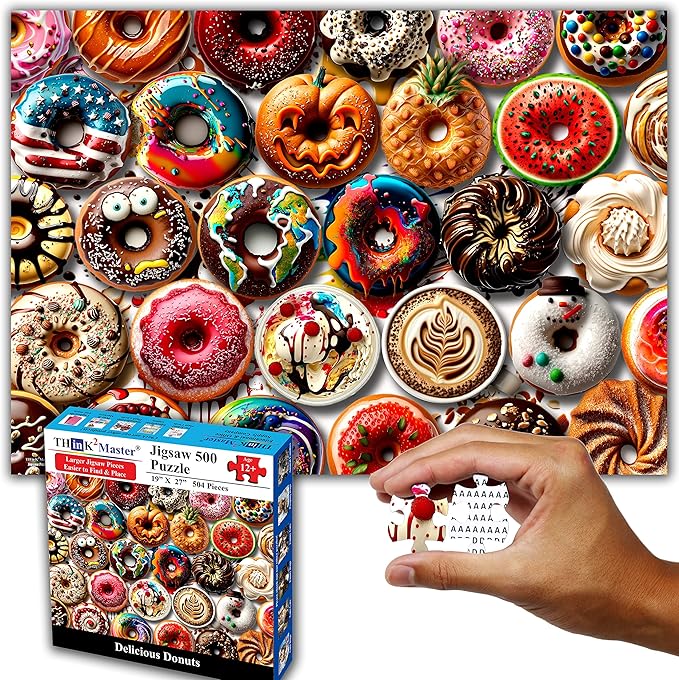 Think2Master Donuts 500 Pieces Jigsaw Puzzle with Very Large Pieces for Adults, Seniors & Families. Great Gift Ages 13+. Size: 26.8” x 18.9”