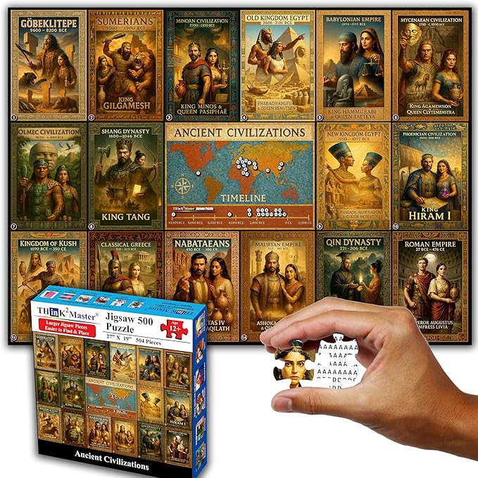 Think2Master Ancient Civilizations World History Jigsaw Puzzle 500 Pieces Large Format for 13+, Teens, Adults & Families. Great Gift. Historical Timeline & World Map. Size: 26.8” X 18.9”