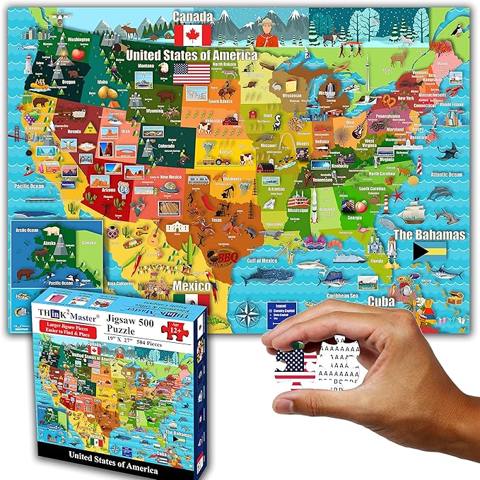 Think2Master Colorful United States Map 500 Pieces with Large Pieces Jigsaw Puzzle for 13+, Teens, Adults & Families. Great Gift for stimulating Interest in The USA Map. Size: 26.8” X 18.9”