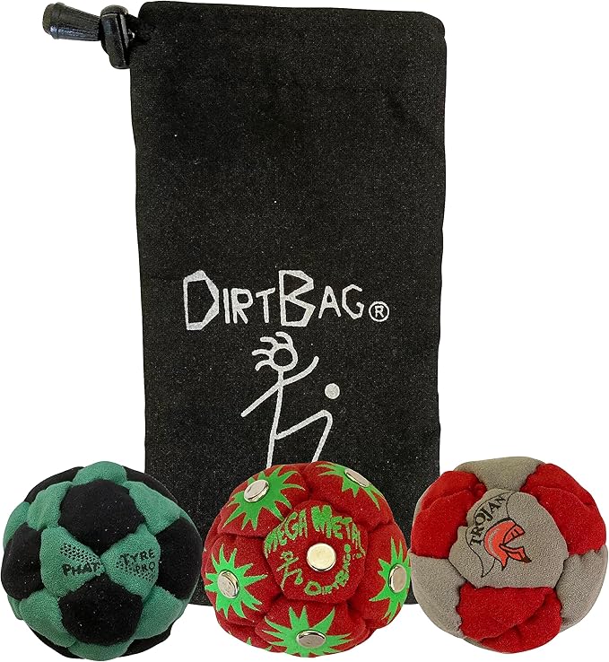 DIRTBAG Lover Footbag 3-Pack with Pouch, Includes Three Original and Unique Premium Quality Hand Sewn Footbags and Carry Pouch.