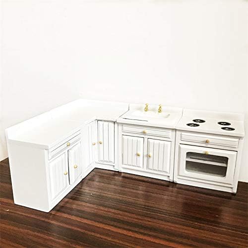 Dollhouse Decoration Accessories,1:12 Dollhouse Miniature Furniture Wooden Kitchen Cabinet Set Freely Combined (White)