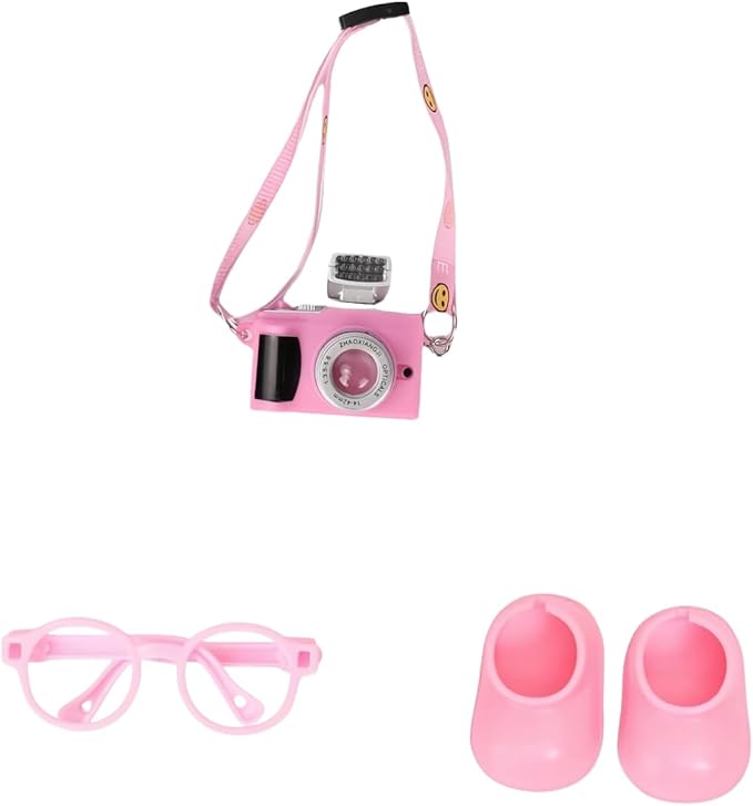 17cm Doll 3-Piece Fashion Accessory Set: Mini Glasses, Camera & Mini Shoes - Perfect for Dress-Up - Mini Costume Supplies (Set of Pink)