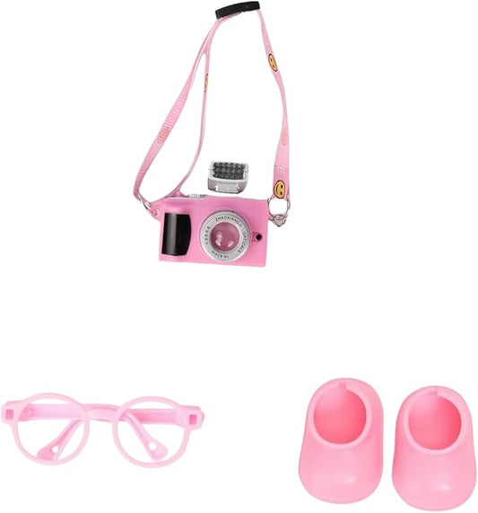 17cm Doll 3-Piece Fashion Accessory Set: Mini Glasses, Camera & Mini Shoes - Perfect for Dress-Up - Mini Costume Supplies (Set of Pink)