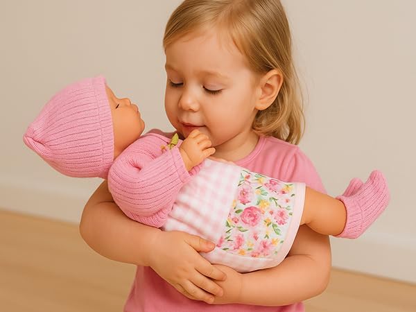 4 Sets Baby Doll Dress Knitted Hat Outfit Dolls Accessories with Baby Doll Socks for 14 Inch to 17 Inch Dolls (Pink and Flowers Style)