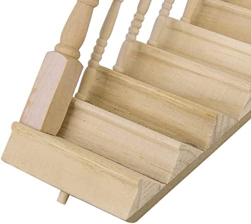 Miniature Stairs 1:12 Scale Dollhouse Furniture Wooden Handrail DIY Unpainted Staircase Dollhouse Accessories Pre-Assembled Steps Model (Left-Handrail)