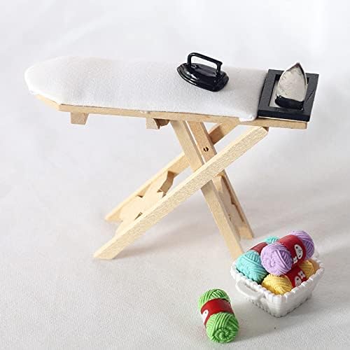Dollhouse Furniture 1:12 Scale Miniatures Accessories Ironing Board Set Wooden Furniture Model Miniature Room Artificial House Decor Life Scene Ornament (White)