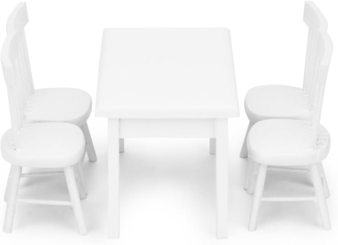 Miniature Dining Table & Chair Set for Dollhouse 1 12 Scale Wooden Furniture Model 5pcs Doll House Mini Classic Decoration Accessories DIY Hobby Gift (White)