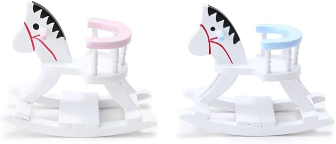 Dollhouse Miniature Rocking Horse Chair 1:12 Scale Wooden Accessories Cute Cockhorse Dollhouse Furniture Decoration Model Baby Room (Pink)