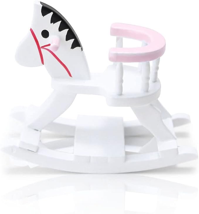 Dollhouse Miniature Rocking Horse Chair 1:12 Scale Wooden Accessories Cute Cockhorse Dollhouse Furniture Decoration Model Baby Room (Pink)