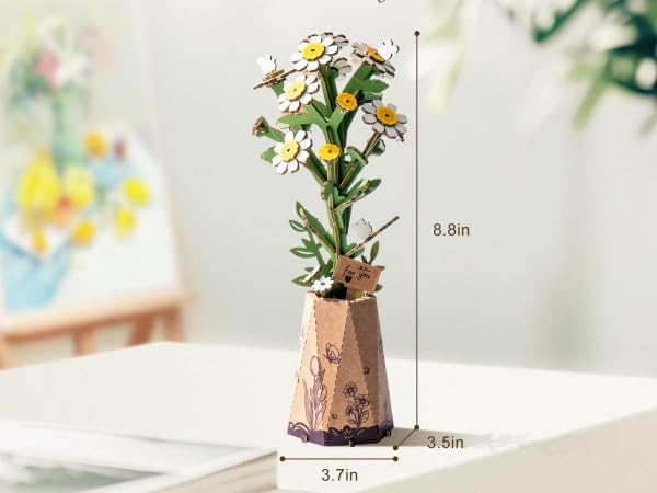 ROBOTIME 3D Wooden Flower Puzzle, Chamomile DIY Craft Kit for Adults, Artificial Flower for Home Table Decor, Gift for Women, Mom, Wife