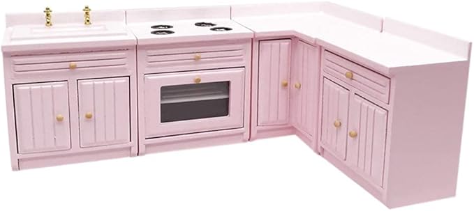 Dollhouse Decoration Accessories,1:12 Dollhouse Miniature Furniture Wooden Kitchen Cabinet Set Freely Combined (Pink)