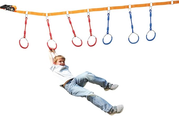 Ninja Ring Backyard Gymnastic Fitness Fist Outdoor Jungle Gym Play Set Playground Training Equipment, 4 Blue Swing Monkey Bar Hang Climbing Ring Warrior Obstacle Course Trapeze Slackline Attachments