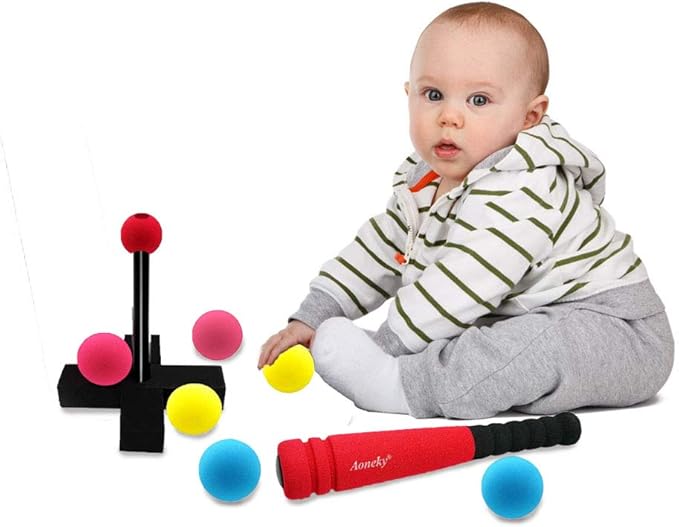 Aoneky Foam Tball Set for Toddlers 1-3 Years - First Baseball Toy with Soft Foam Bat & Balls, Stable Tee & Carry Bag, Indoor Outdoor Gift for Kids (Red)