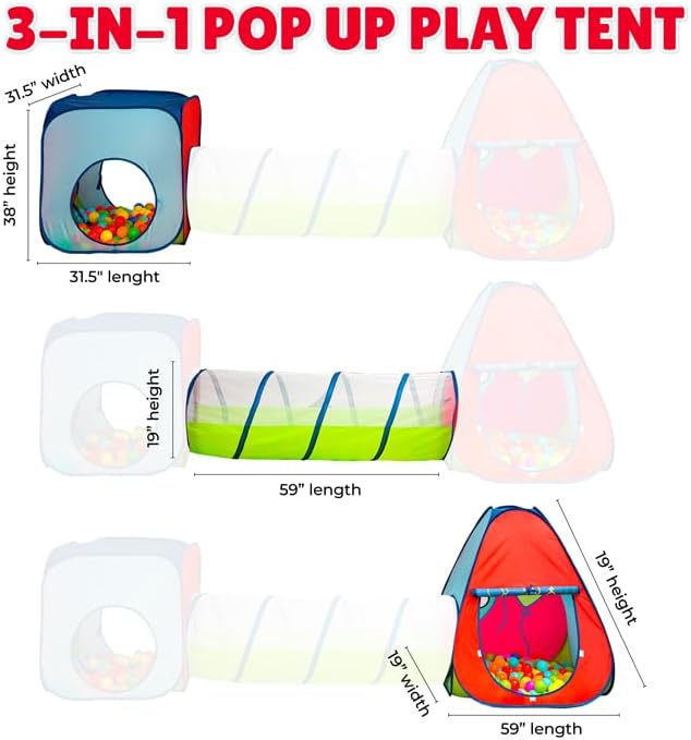 Kiddey Tunnel and Ball Pit Play Tent | 3pc Pop Up Toddler Gym Tunnels with Tents for Kids, Toddlers, Infants Boys & Girls | Indoor & Outdoor Gift Game | Baby Crawling Pits for Playground