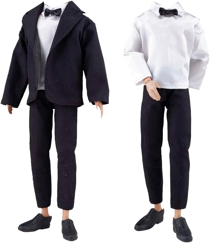 E-TING 10-Item Fantastic Pack = 1 Black-tie Suit with a Shirt + 3 Sets of Casual Wear Clothes Outfit + 1 pc Swim Trunks + 5 Pairs Shoes for 12inches boy Doll（Random Style）