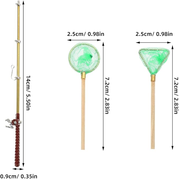 Toddmomy Miniature Fishing Rod and Net Small Decorative Dollhouse Fishing Pole Models for Fairy Garden Living and Bedroom Scene Accessories