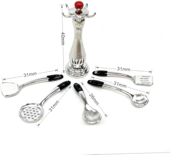 iLAND 1/12 Scale Accessories of Dollhouse Kitchen, Dollhouse Miniatures Cooking Set, Mini Metal Pots & Pans & Turners w/Stand