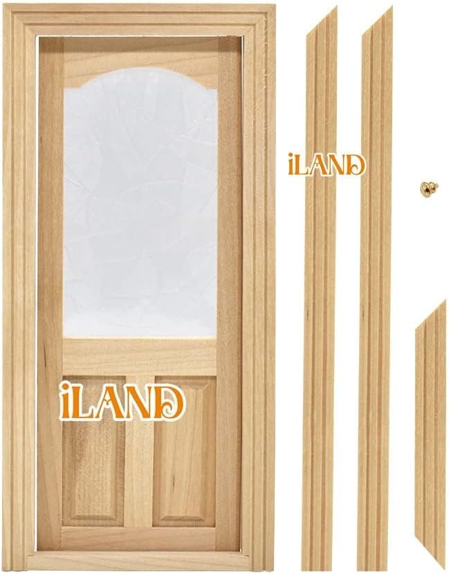 iLAND Dollhouse Door on 1:12 Scale, Miniature Door w/ 3D Windowpanes Reflecting Rainbow Light & Handles