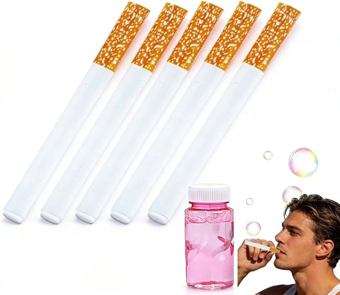 Novelty Bubbl-e Cigarett-e Toy, Realistic Fake Bubble Blower for Stress Relief, Fake Cigarettes Mini Bubble Fun Desk Fidgets for Men Women (5Pcs with Solution)