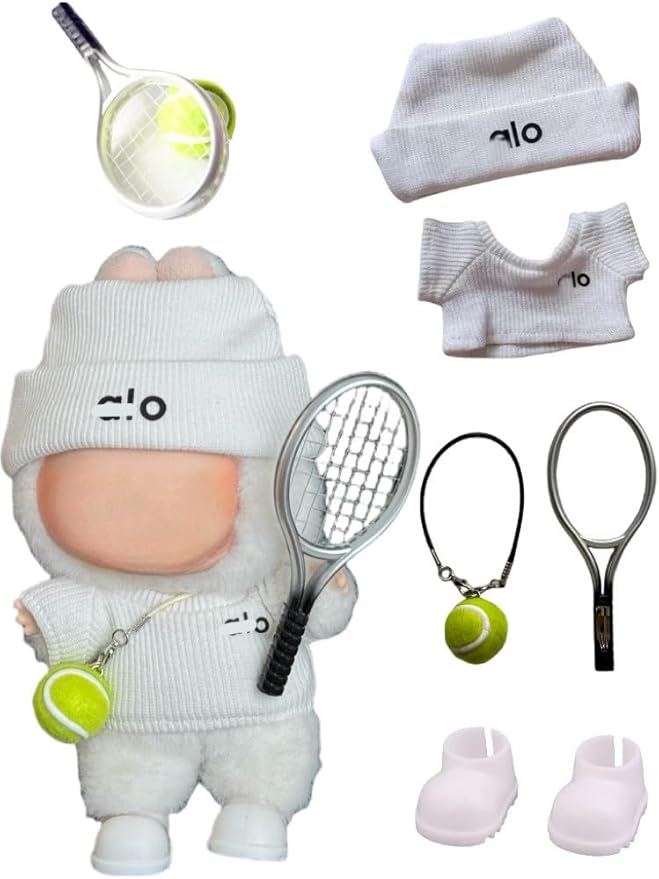 17cm Doll Clothes for Lububu Dolls，Designer Jerseys Clothes Suitable for lububu Dolls Outfits and Accessories Set， Includes top + Pants + Tennis Racket + Ball Charm + Shoes (White)