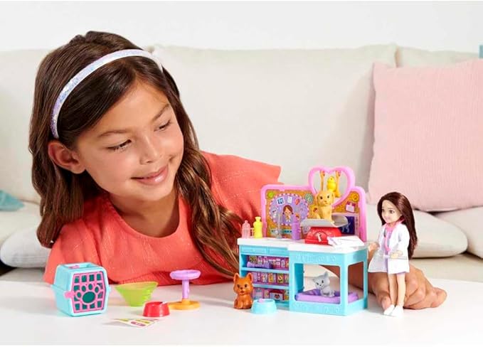 Barbie Chelsea Doll and Accessories, Pet Vet Playset with Doll, 4 Animals and 18 Pieces