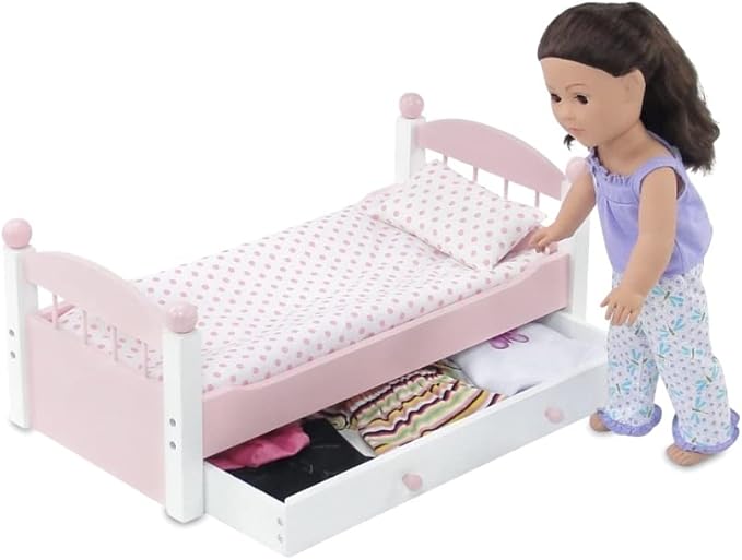 Emily Rose 18" Doll Pink Trundle Bed with Pull-Out Storage Drawer & 3-PC Bedding Set - Stackable Design - Fits American Girl Dolls - Wooden Bedroom Furniture