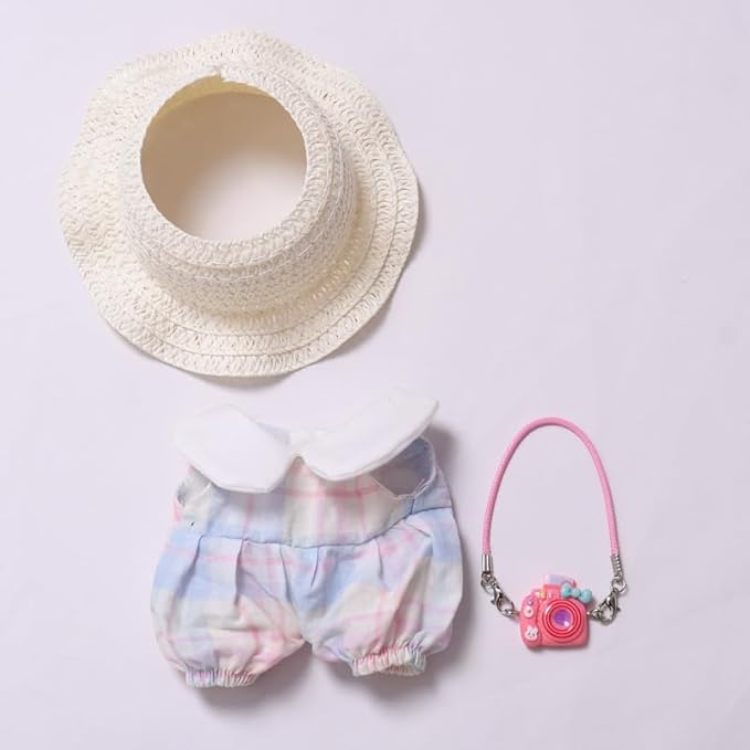 Clothes for 17cm Dolls High-End Fashion Cute Style Doll Outfit 3 Piece Set Including a Hat, Mini Camera Backpack and Clothes - Premium Dolls Accessories for Play & Display - No Doll (White)