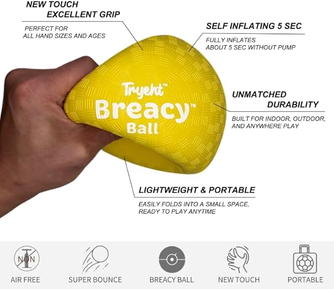Self Inflating Ball 5", Rubber New Feel Breacy Ball, Hi Bouncy, Never Need Pump, Neon Yellow, Playground, Handball, Dodgeballs, Picnic and School Play in and Outdoor