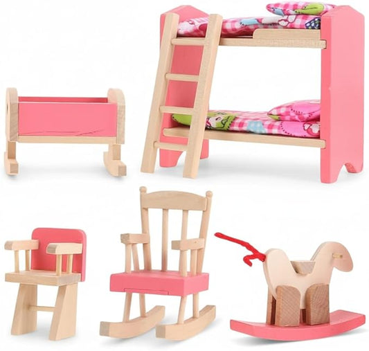Wooden Dollhouse Bedroom Furniture: Doll Bunk Bed Rocking Horse Chair, DIY 1:12 Scale Miniature Doll House Decoration Accessories for Ages 3+ Role-Playing
