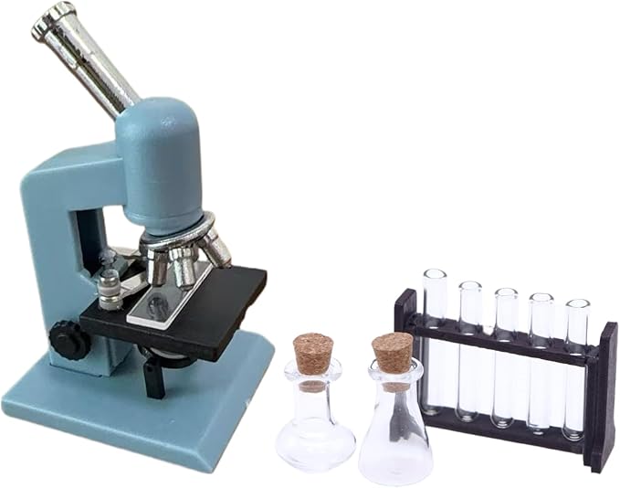 1:12 Scale Miniatures Laboratory Accessories for Mini Dollhouse,The Tiny Thing Including Microscope, Test Tube and Measuring Cup for Dollhouse Decoration and Miniatures Cake Topper(Blue Color)