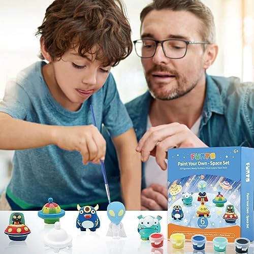 Funto Paint Your Own Space Kit Painting Kit, 13 PCS Crafts Set for Kids, STEAM Project Creative Activity DIY Toys with 6 Figurines, 6 Paint Pots, 1 Brush