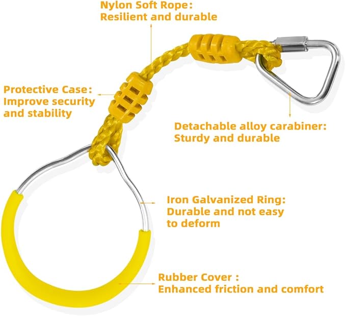 Swing Ninja Ring Indoor Outdoor Backyard PlaySet Fitness Gymnastic Training Equipment, 4 Pack Yellow Hanging Jungle Gym Fist Trapeze Monkey Bars Climbing Ring Ninja Warrior Obstacle Course Attachments