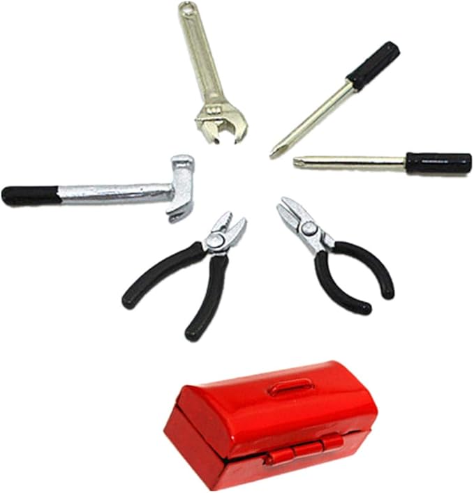 Dollhouse Decoration Accessories, 1:12 Dollhouse Miniature Scene Model Work Tools Set with Toolbox 7 Pcs (Black Tools+Red Box, As Shown)