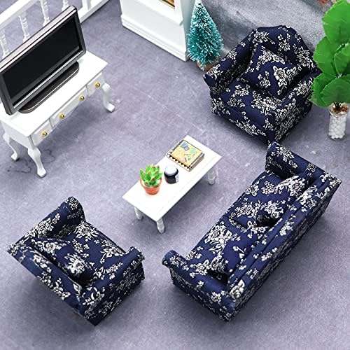 Dollhouse Couch with Pillow 1 12 Scale Miniature Sofa Arm Chair Living Room Furniture Wooden Fabric Frame Single Reading Chair Artificial House Room Scene Decoration (Blue)